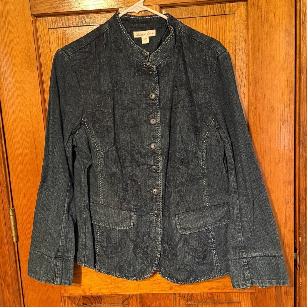 NWT Coldwater Creek Shaped Embroidered Blue Denim Jacket